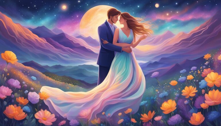 Romantic couple embracing under a starry night sky with mountains and flowers
