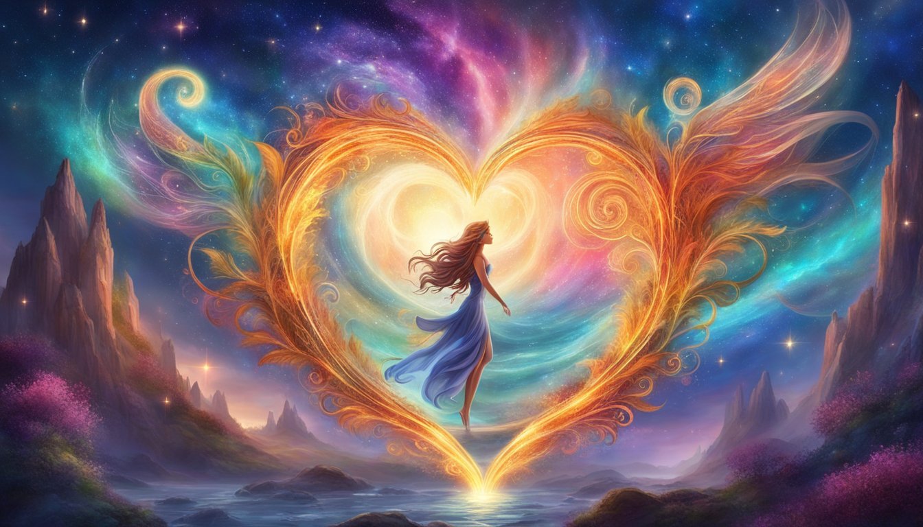 Woman in blue dress within a heart-shaped light, celestial background