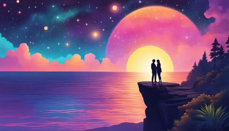Couple silhouetted on cliff overlooking ocean with colorful sky and stars