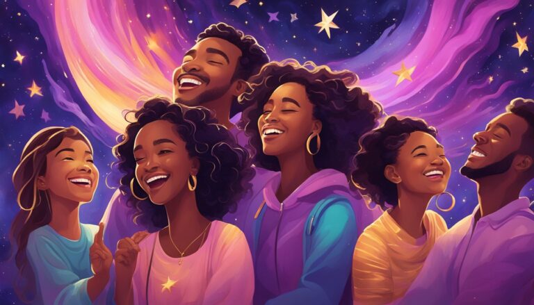 Group of smiling people under a starry, colorful night sky