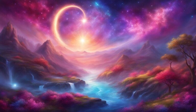 Fantasy landscape with mountains, river, waterfalls, and a glowing celestial ring