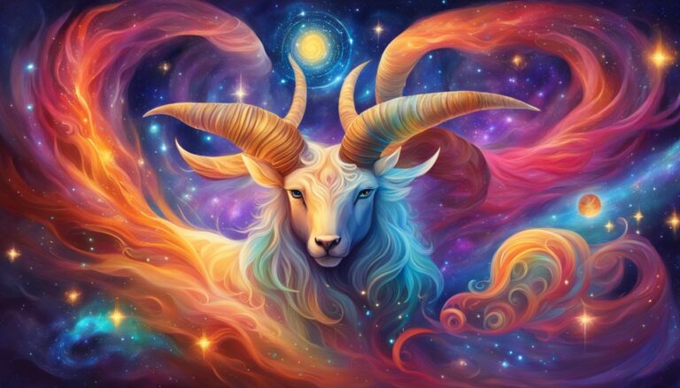 Colorful illustration of a goat in space with swirling nebulae and stars
