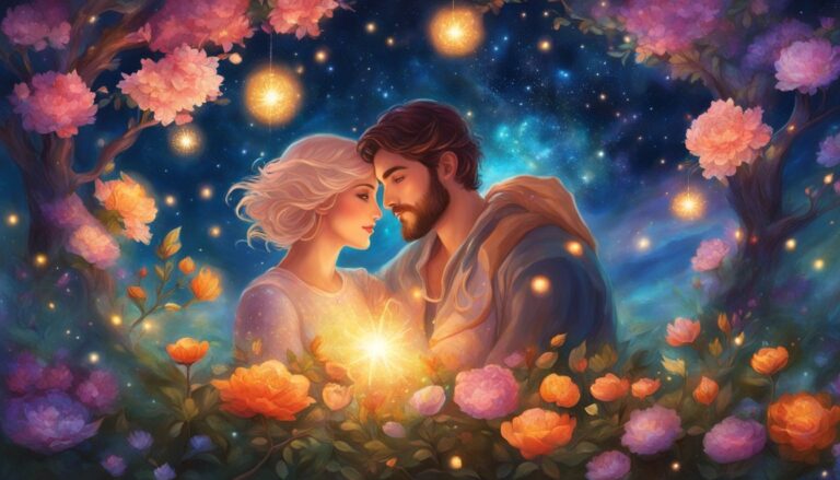 Romantic couple in a floral garden under a starry night sky