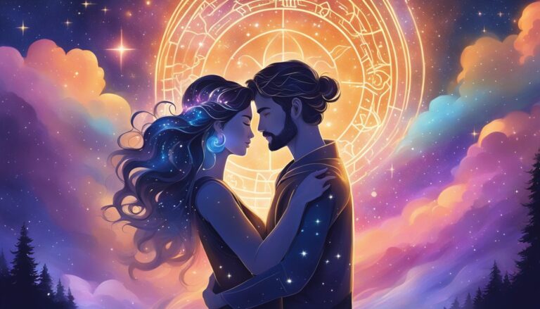 Couple embracing under a starry sky with a zodiac wheel background