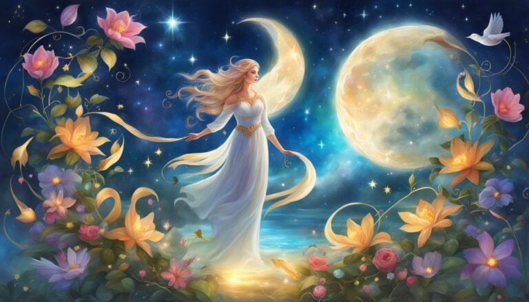 Woman in white dress with moons, flowers, and stars in a night sky