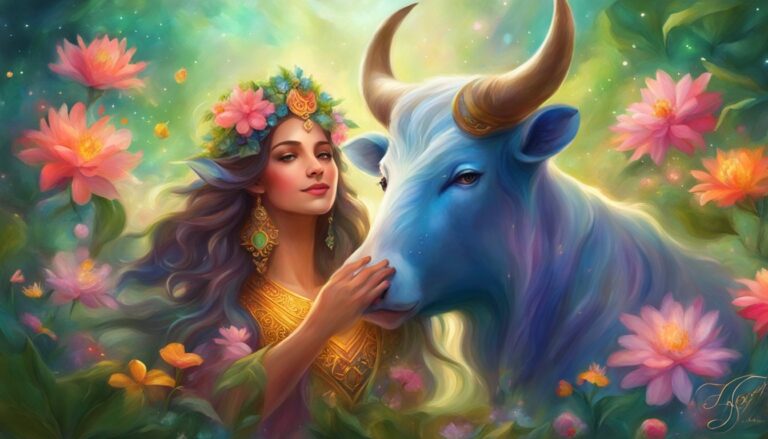 Woman with flower crown petting a blue bull amidst flowers