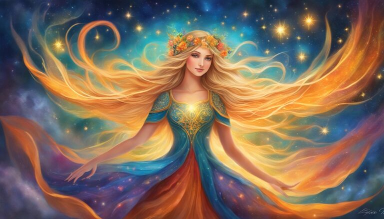 Woman with long flowing hair and dress, surrounded by stars and light