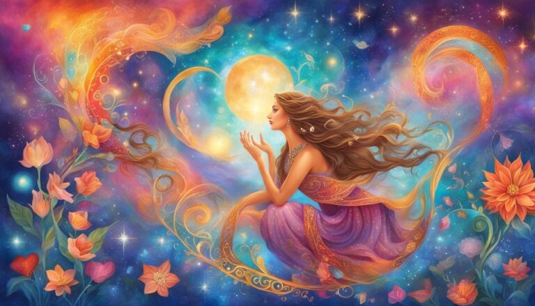 Woman in a purple dress with flowing hair, moon, and floral background