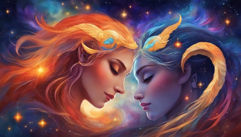 Two women with horns, facing each other, in a starry cosmic background