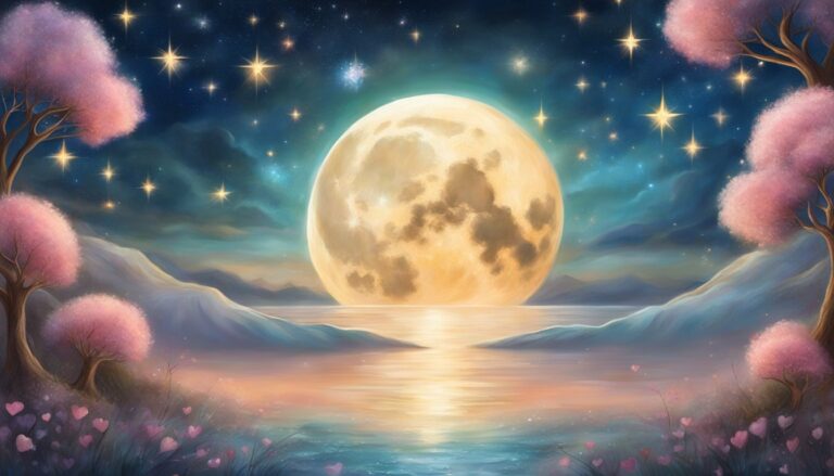 Full moon over water with pink trees and starry sky