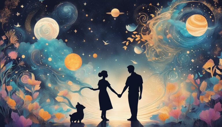 Silhouetted couple holding hands under a starry sky with planets and a dog