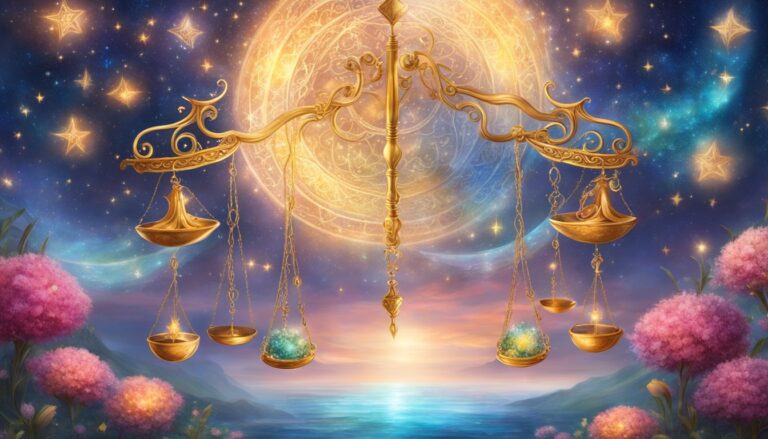 Golden Libra scales with glowing orbs, stars, and a celestial background