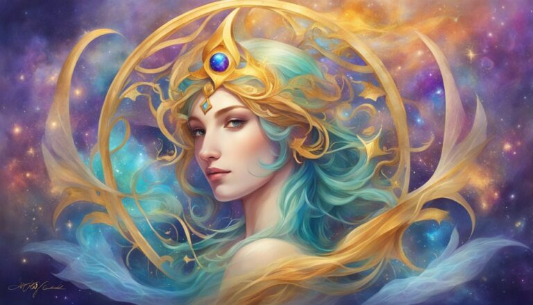 Woman with teal hair and gold crown in a cosmic, starry background