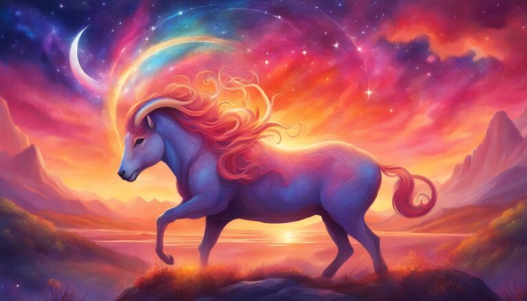 Fantasy illustration of a blue horse with red mane under a starry sky