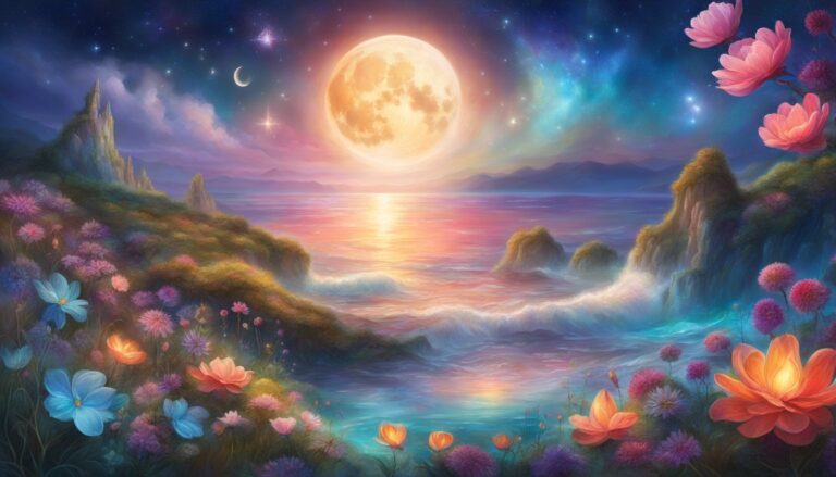 Moonlit ocean scene with flowers, mountains, and a starry sky