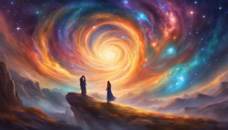 Couple on a cliff, facing a swirling galaxy of vibrant colors