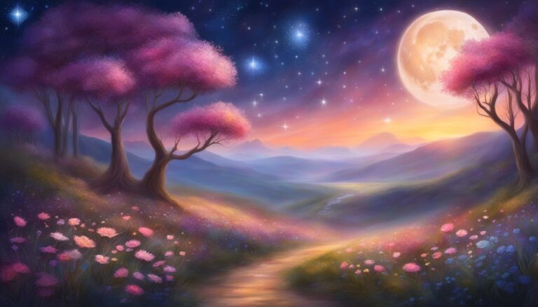 Fantasy landscape with pink trees, full moon, starry sky, and a path