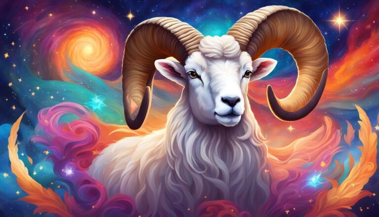 Aries zodiac sign illustration: white ram with large horns, cosmic background