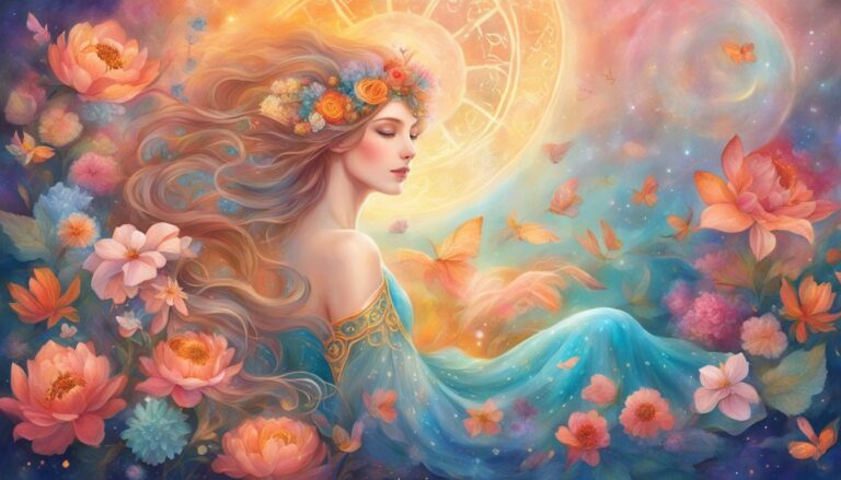 Woman with flowers and butterflies, dreamy art with zodiac symbol background