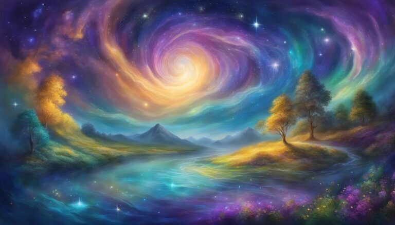 Vibrant landscape with swirling galaxy sky, river, trees, and mountains