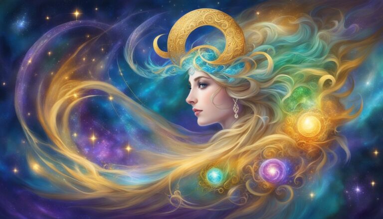 Woman with golden horns and flowing hair in a cosmic scene