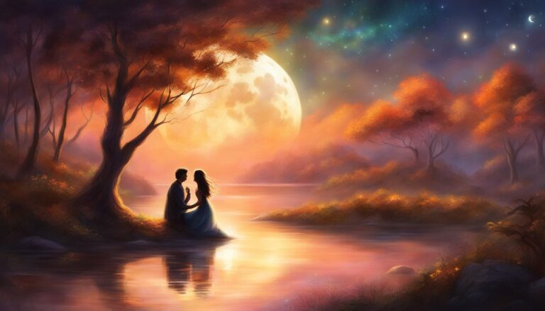 Couple silhouetted by a large moon, sitting by a lake under a starry sky