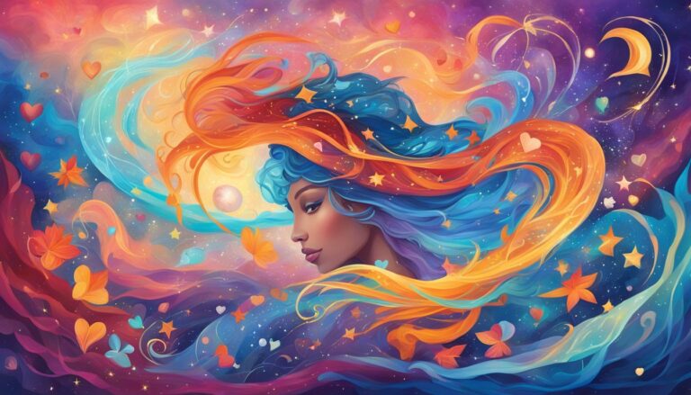 Illustration of a woman with flowing hair, stars, hearts, and colorful background