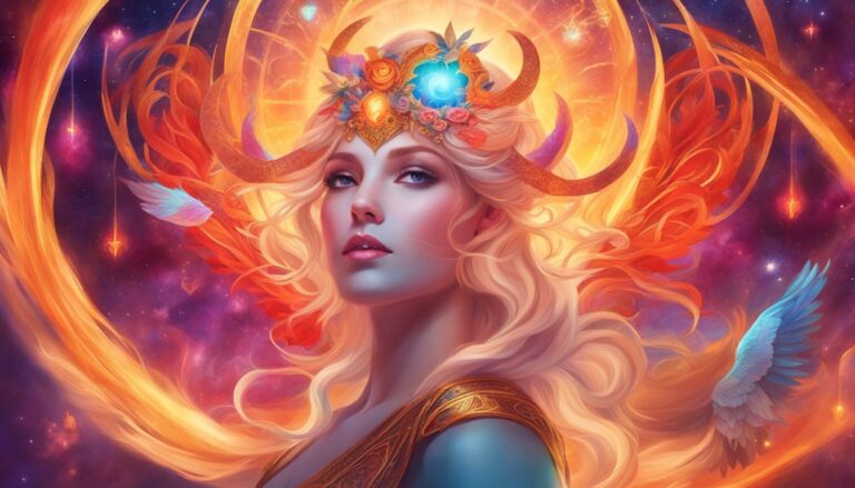 Woman with horns and halo, surrounded by celestial, colorful imagery