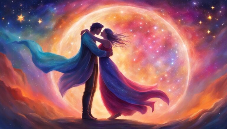 Couple embracing under a starry, colorful sky with a large, glowing orb