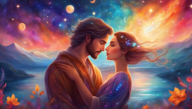 Romantic couple embracing, gazing at each other under a starry, colorful sky