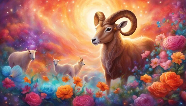 Aries zodiac sign with ram, goats, flowers, and colorful, starry sky