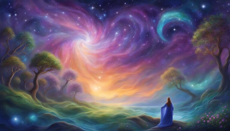Woman in blue robe gazes at swirling galaxy over a landscape