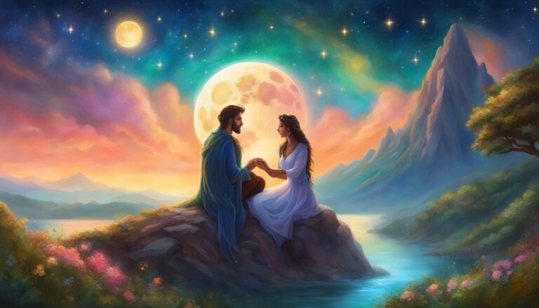 Couple holding hands on a rock under a full moon and starry sky