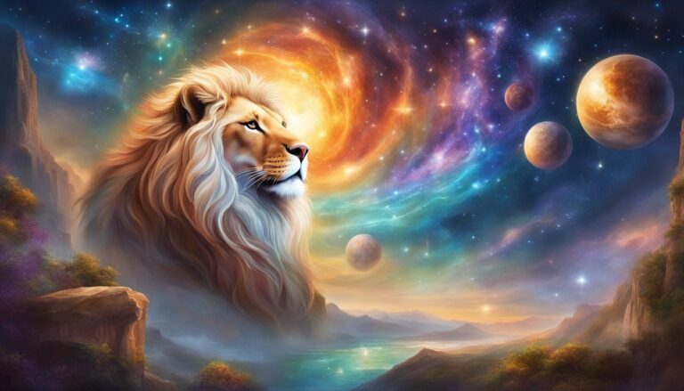 Lion in space with planets, nebula, and landscape below