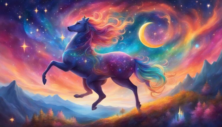 A celestial horse with a starry body and rainbow mane against a colorful sky