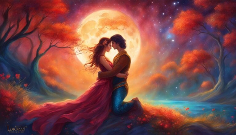 Romantic couple embracing under a full moon in a colorful, dreamy landscape