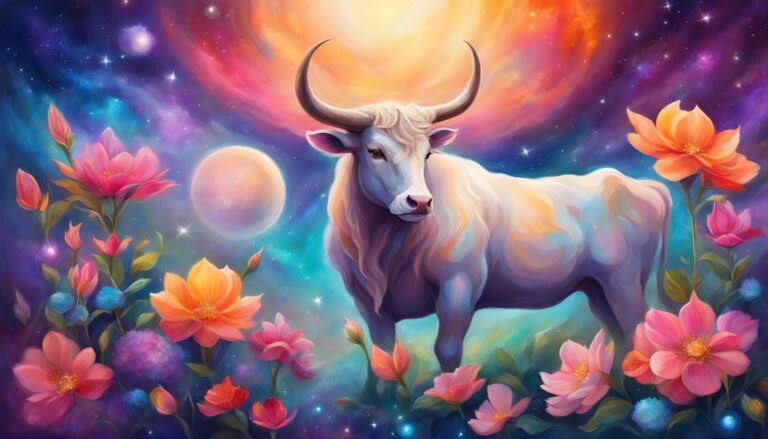 White bull with large horns in a colorful, floral, and starry scene