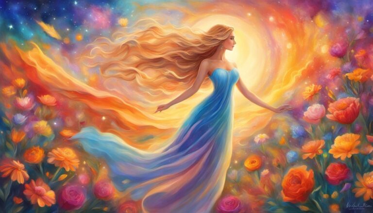 Woman in blue dress amidst flowers and a celestial, colorful background