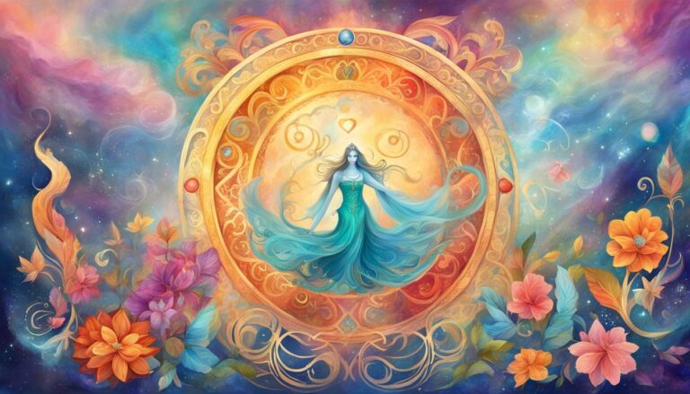 Woman in a teal dress inside a golden circle, surrounded by flowers and space