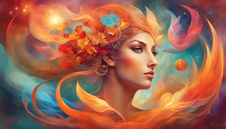 Portrait of a woman with flowing orange hair and celestial background