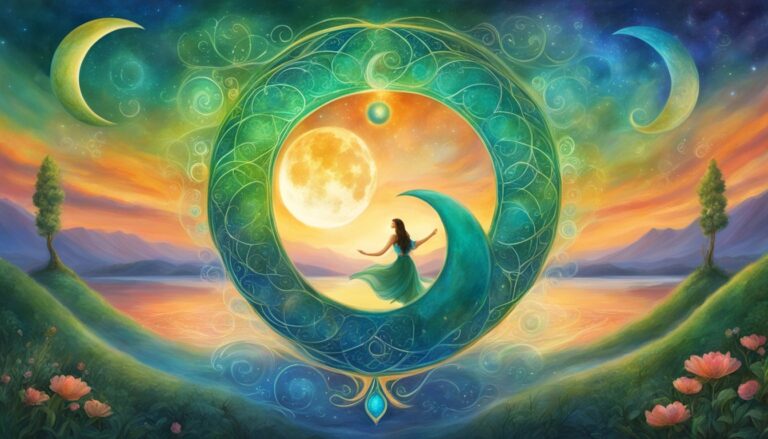 Woman on crescent moon inside a decorative circle, celestial landscape