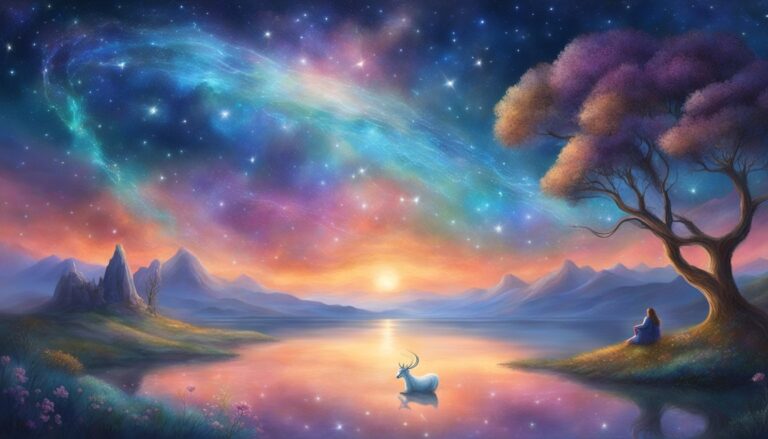 Dreamy landscape with a starry sky, lake, deer, and person under a tree