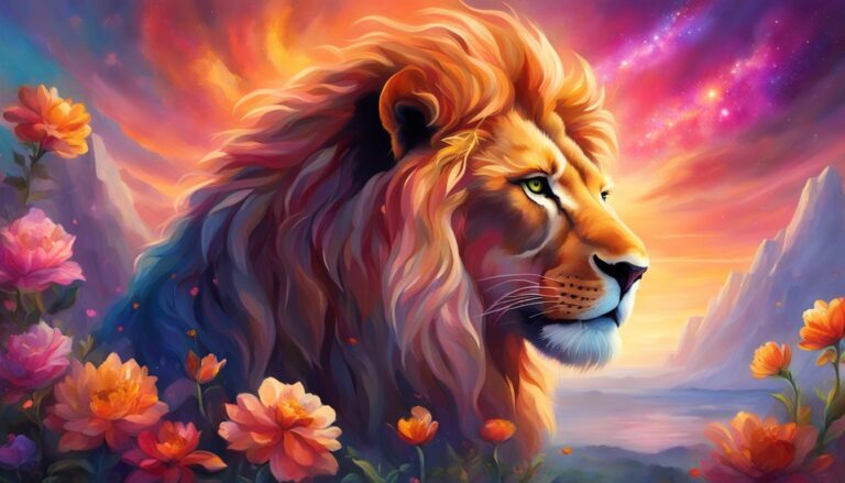 Lion with colorful mane and flowers, against a vibrant sunset sky