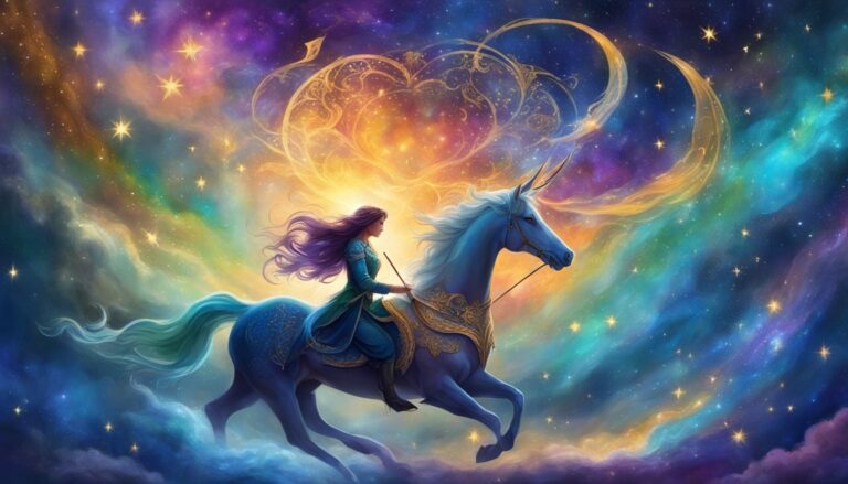 Woman riding a blue unicorn through a colorful, starry nebula
