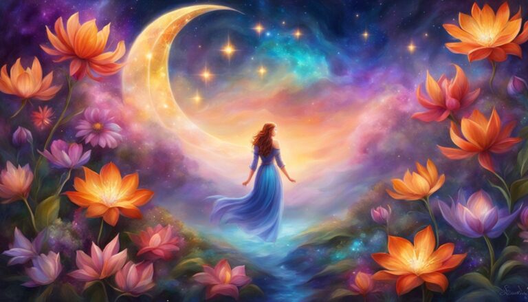 Woman in blue dress stands before a crescent moon and starry sky, surrounded by flowers