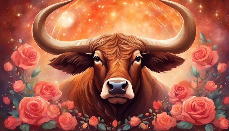 Illustration of a bull with large horns, surrounded by roses and a starry background