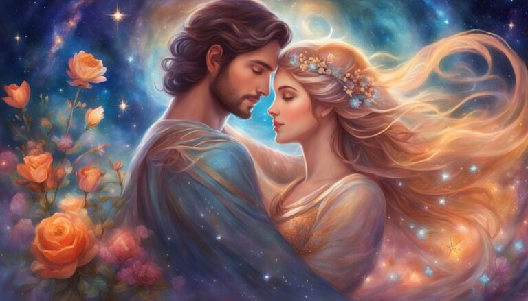 Romantic couple embracing, surrounded by flowers and a starry, cosmic background