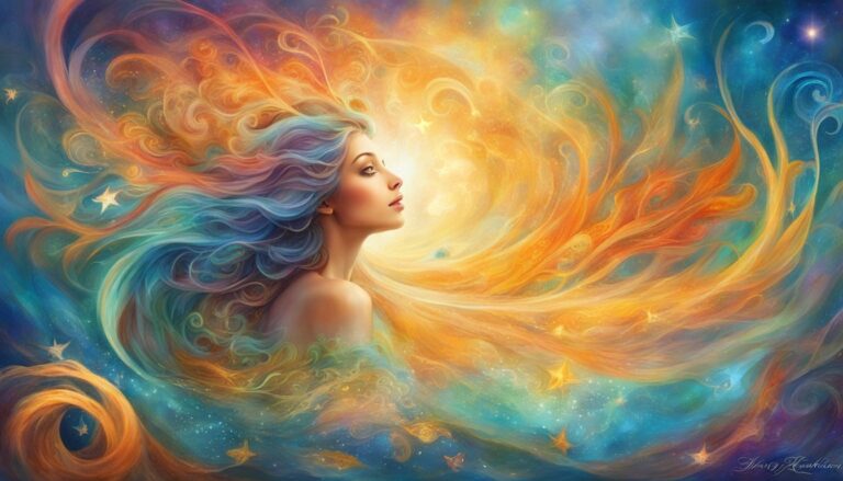 Woman with flowing colorful hair and stardust in a dreamy, ethereal artwork
