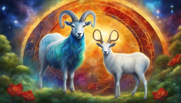 Two goats in a celestial landscape with a glowing arch