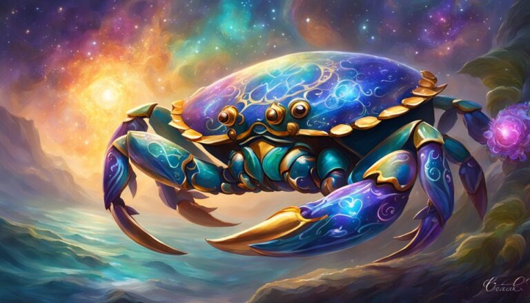Fantasy illustration of a crab with a cosmic shell and golden accents